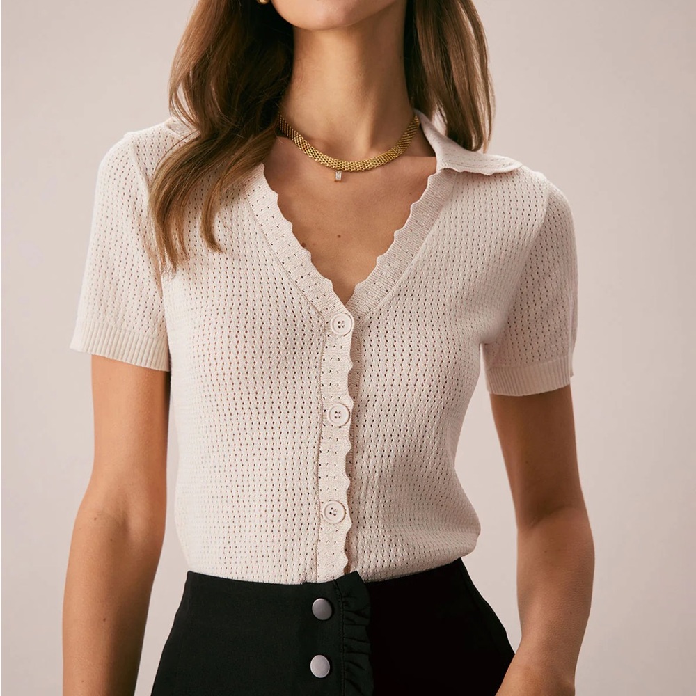 Rihoas Nude V Neck Button Pointelle Knit Tee